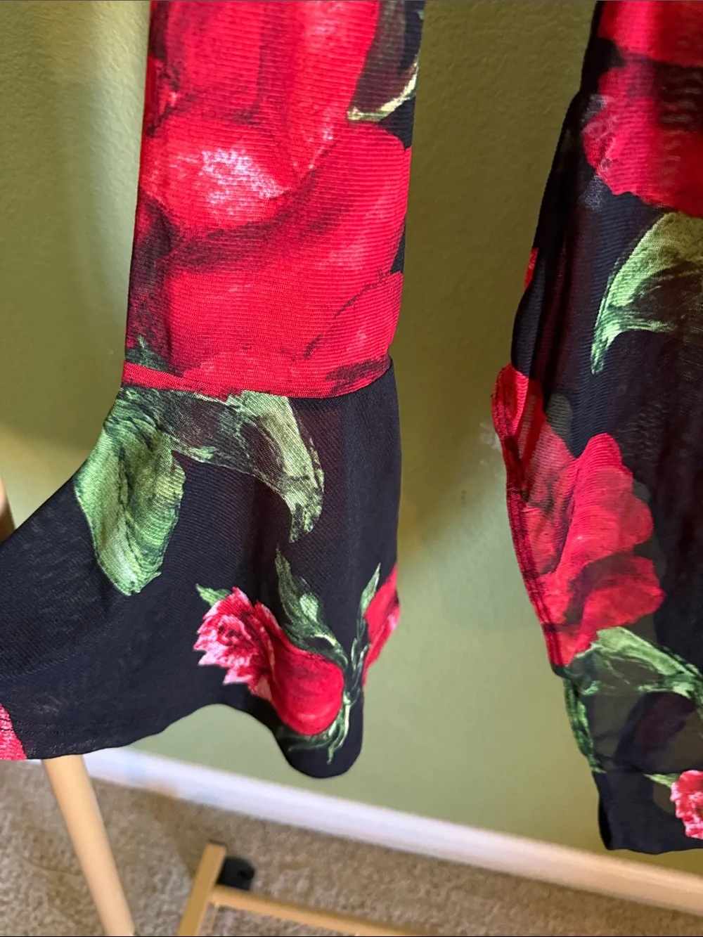Sheer Black Top with Red Rose Print - Long Sleeve